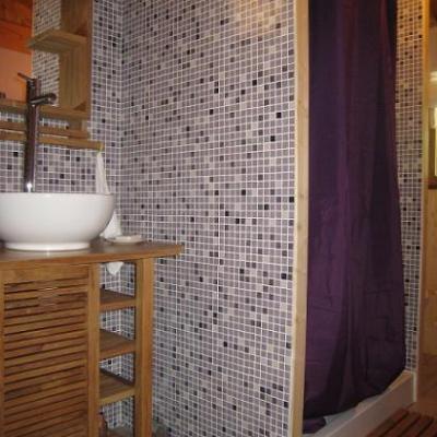Salle de bain violette - Lavabo et douche